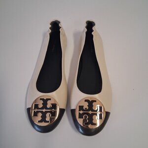 Tory Burch Women's Claire Cap Toe Ballet Flats, New Cream/Black/Gold, 9 Medium U